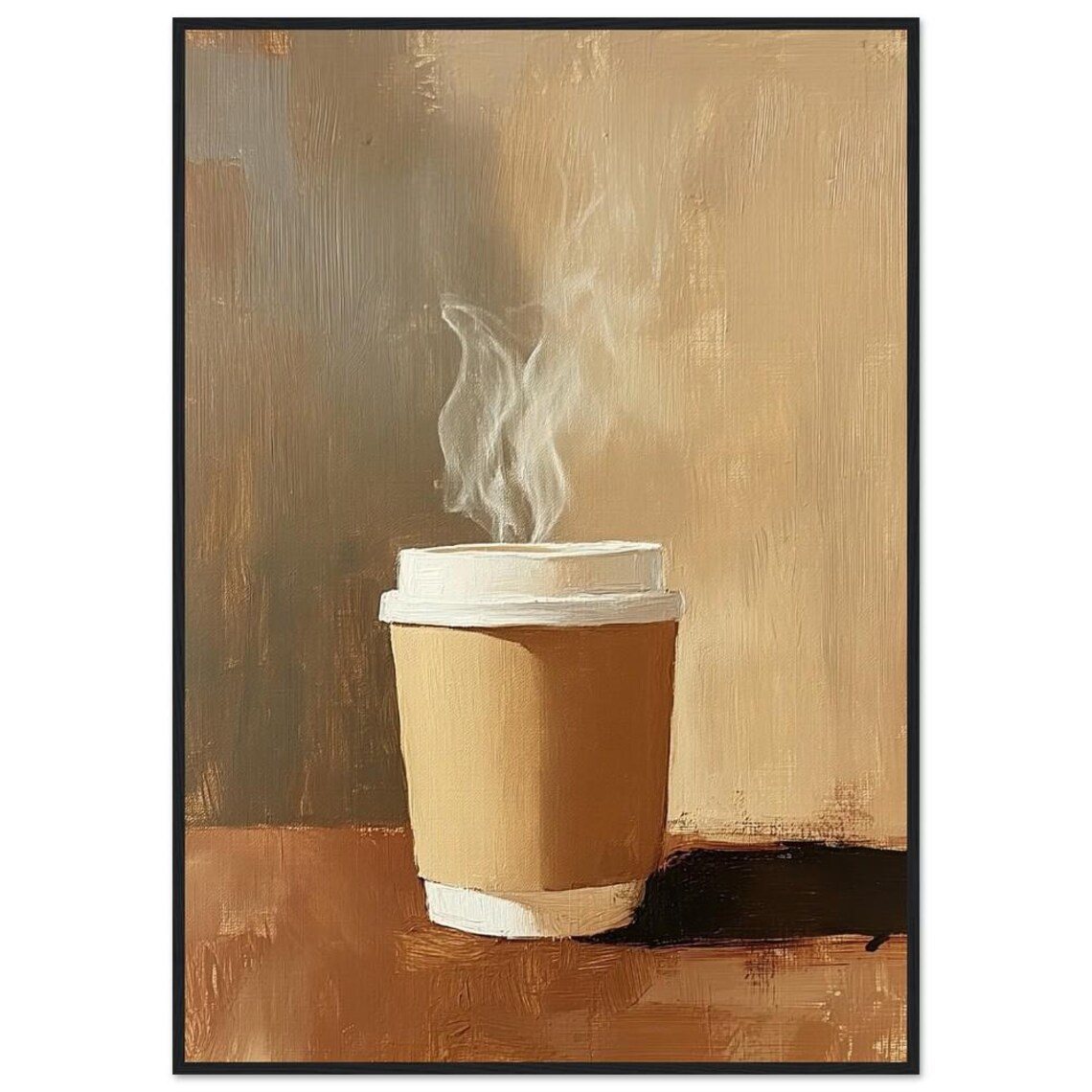 Steaming To-Go Coffee Cup Warm Tones Oil Painting Kitchen Poster