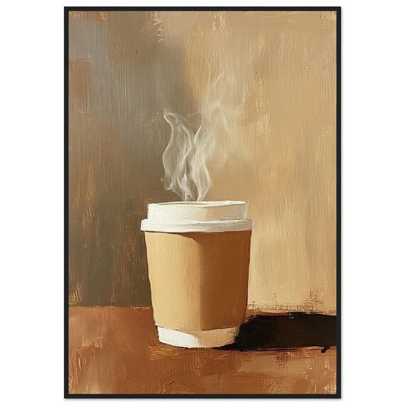 Steaming To-Go Coffee Cup Warm Tones Oil Painting Kitchen Poster