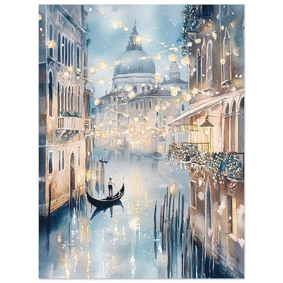 Venice Night Canal Watercolor Gondola Lights Italian City Poster