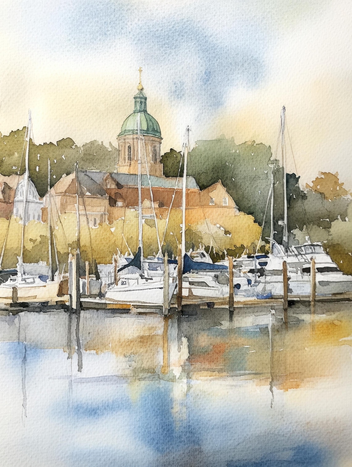 Annapolis Harbor Watercolor Painting Print, Maryland Nautical