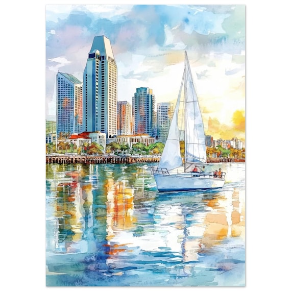 San Diego Skyline Sailboat Harbor Sunset Watercolor Art Poster
