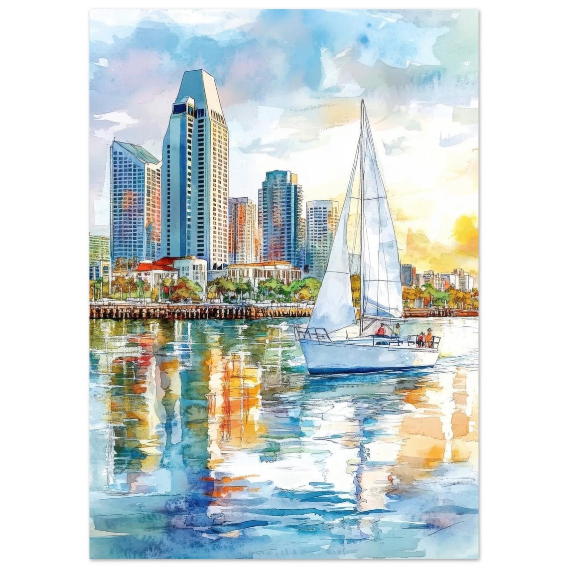 San Diego Skyline Sailboat Harbor Sunset Watercolor Art Poster