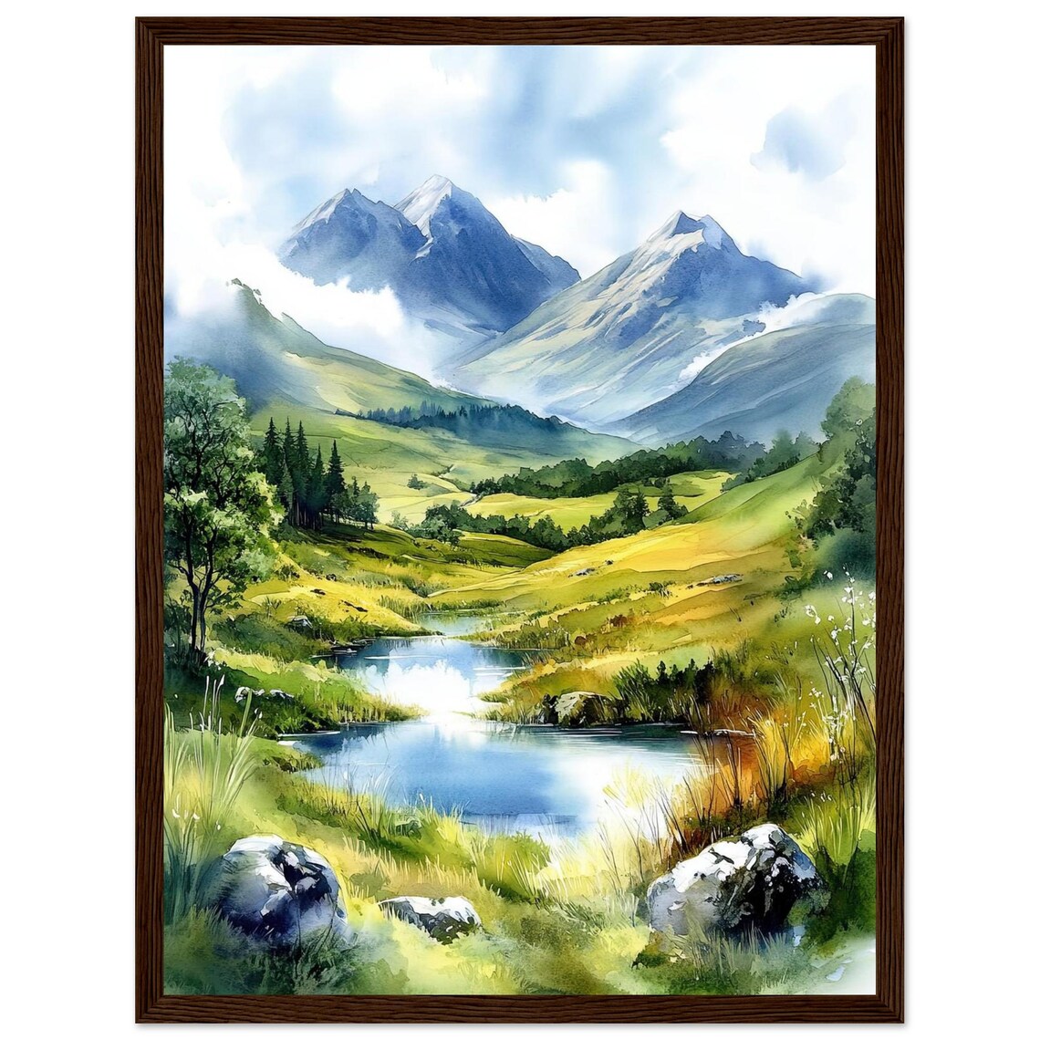 Scottish Highlands Mountain Loch Landscape Watercolor Art Poster