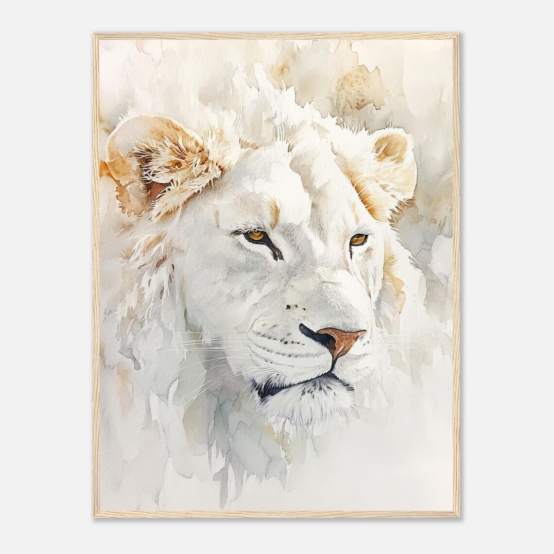 Majestic White Lion Portrait Soft Watercolor Wildlife Poster