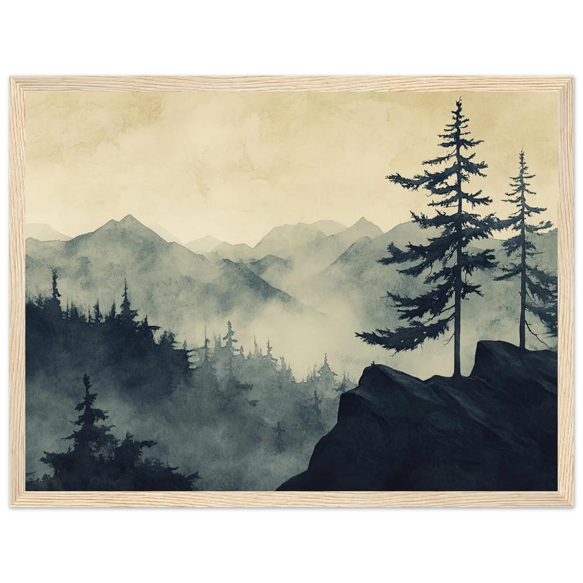 Misty Mountain Forest Watercolor Foggy Pine Trees Scenic Wall Art