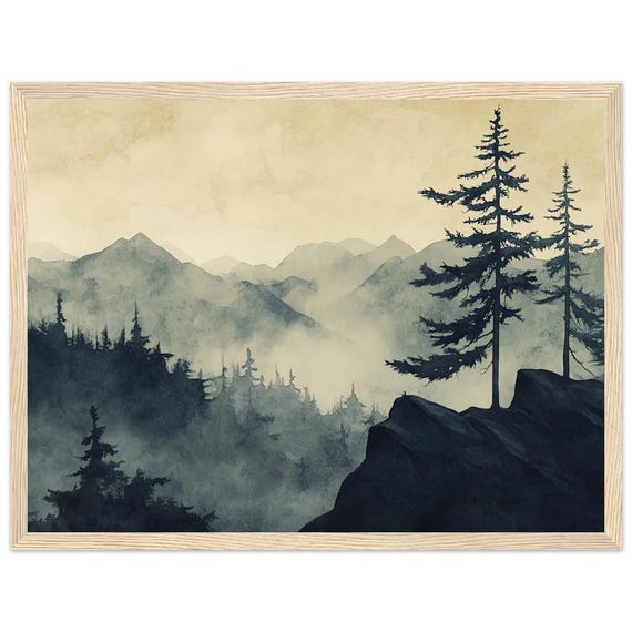 Misty Mountain Forest Watercolor Painting Print Foggy Trees Wall At Serene Nature Artwork Landscape Neutral Colors By Nataliaayuart