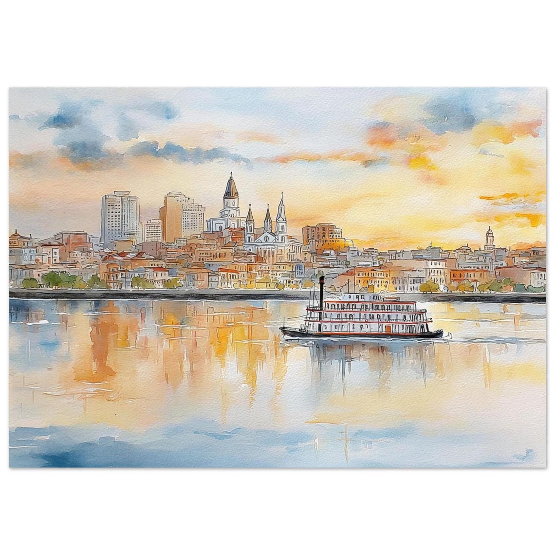 Mississippi River Wall Art Print New Orleans Sunset Skyline Watercolor Painting Style Steamboat Southern Usa Poster By Nataliaayuart