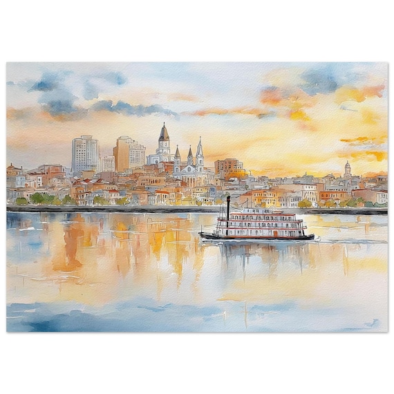 New Orleans Mississippi River Steamboat Sunset Watercolor Poster
