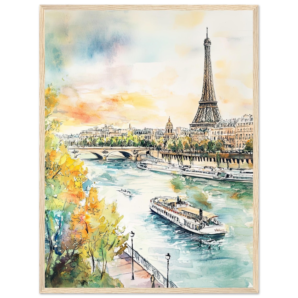 Paris Eiffel Tower Watercolor Travel Poster, Cityscape