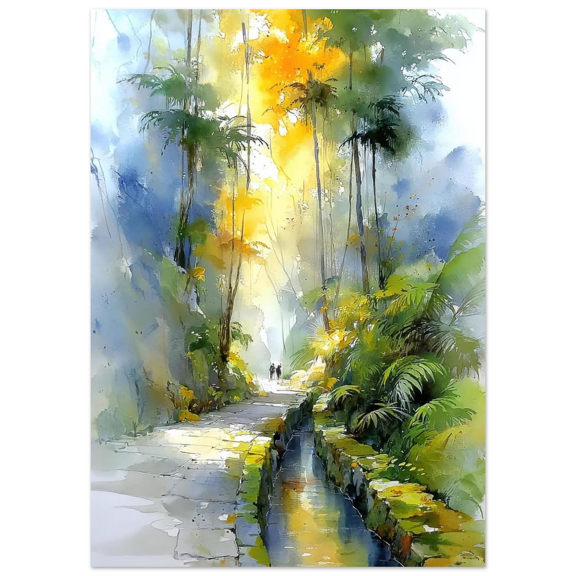 Madeira Levada Sunlit Forest Trail Watercolor Nature Art Poster