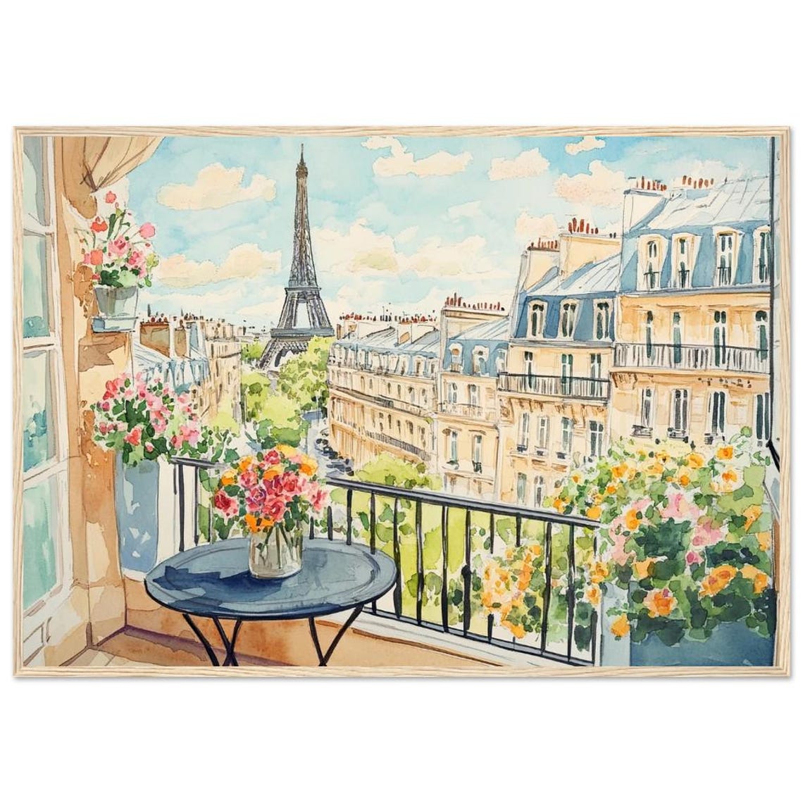 Paris Balcony Eiffel Tower Floral View Romantic Watercolor Poster