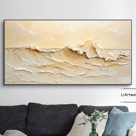 Warm Sand Toned Ocean Wave Crest in Textured Impasto Art Poster