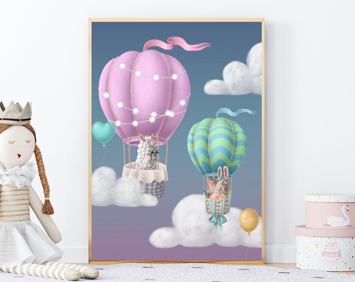 Llama and Bunnies in Hot Air Balloons Pastel Nursery Art Print