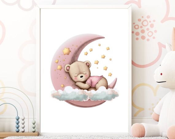 Sweet Sleeping Teddy Bear On Pink Moon Stars Girls Nursery Poster