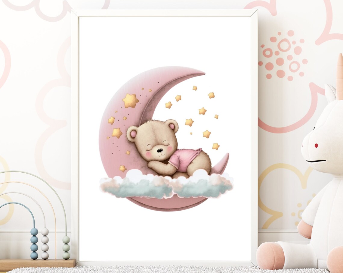Sweet Sleeping Teddy Bear On Pink Moon Stars Girls Nursery Poster