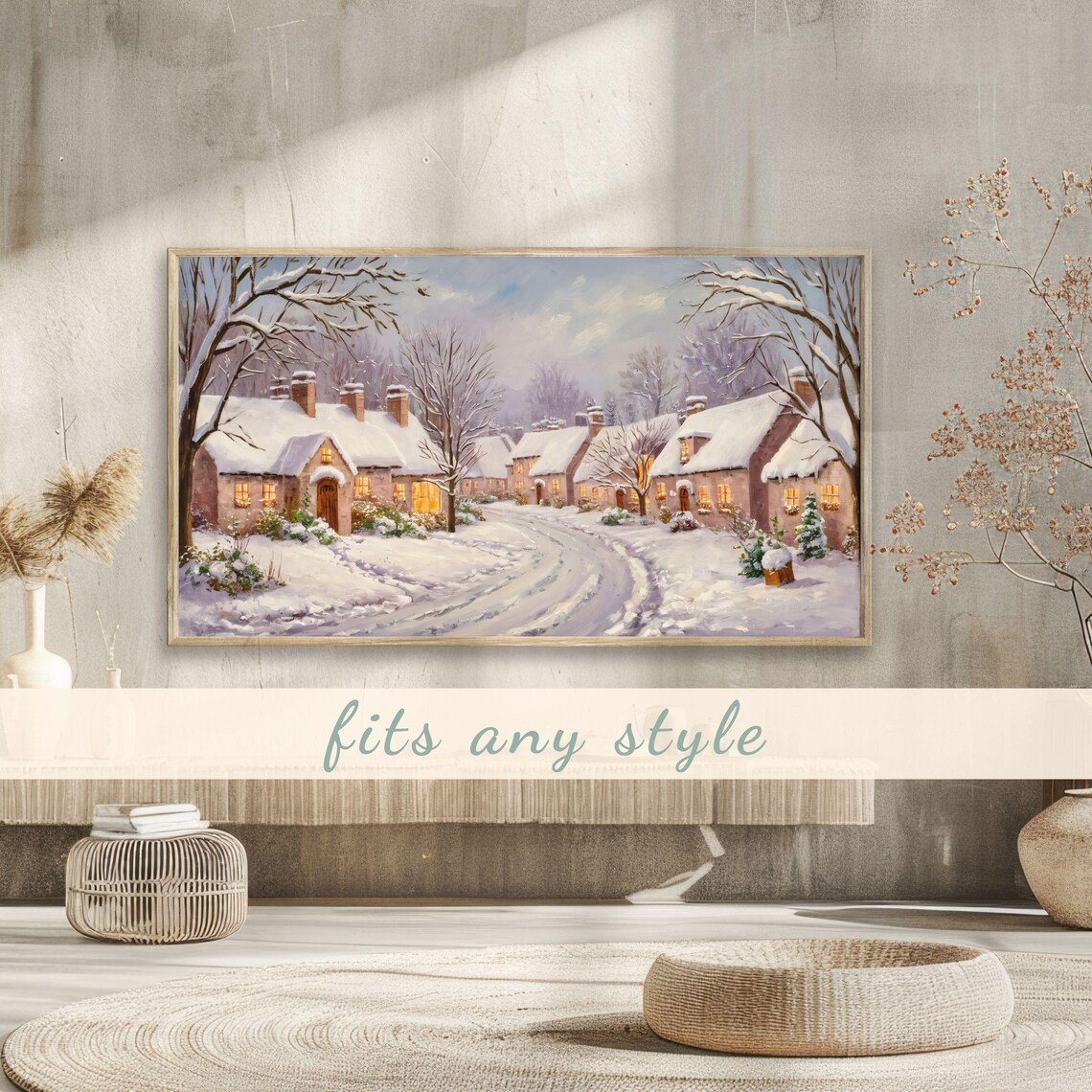 Snow Covered Village Street Winter Landscape Cozy Cottages Poster - Image 3