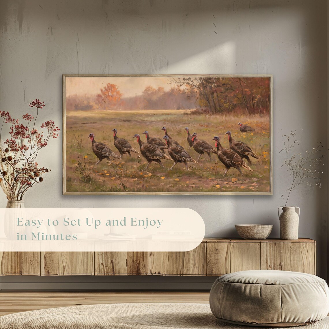 Wild Turkeys Foraging Autumn Meadow Fall Foliage Vintage Painting Poster - Image 5