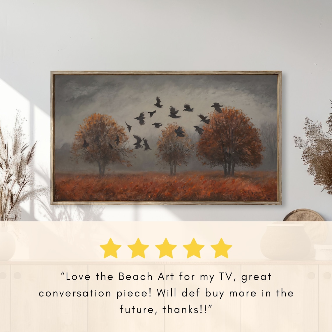 Flock of Crows Over Moody Autumn Field Vintage Landscape Poster - Image 2