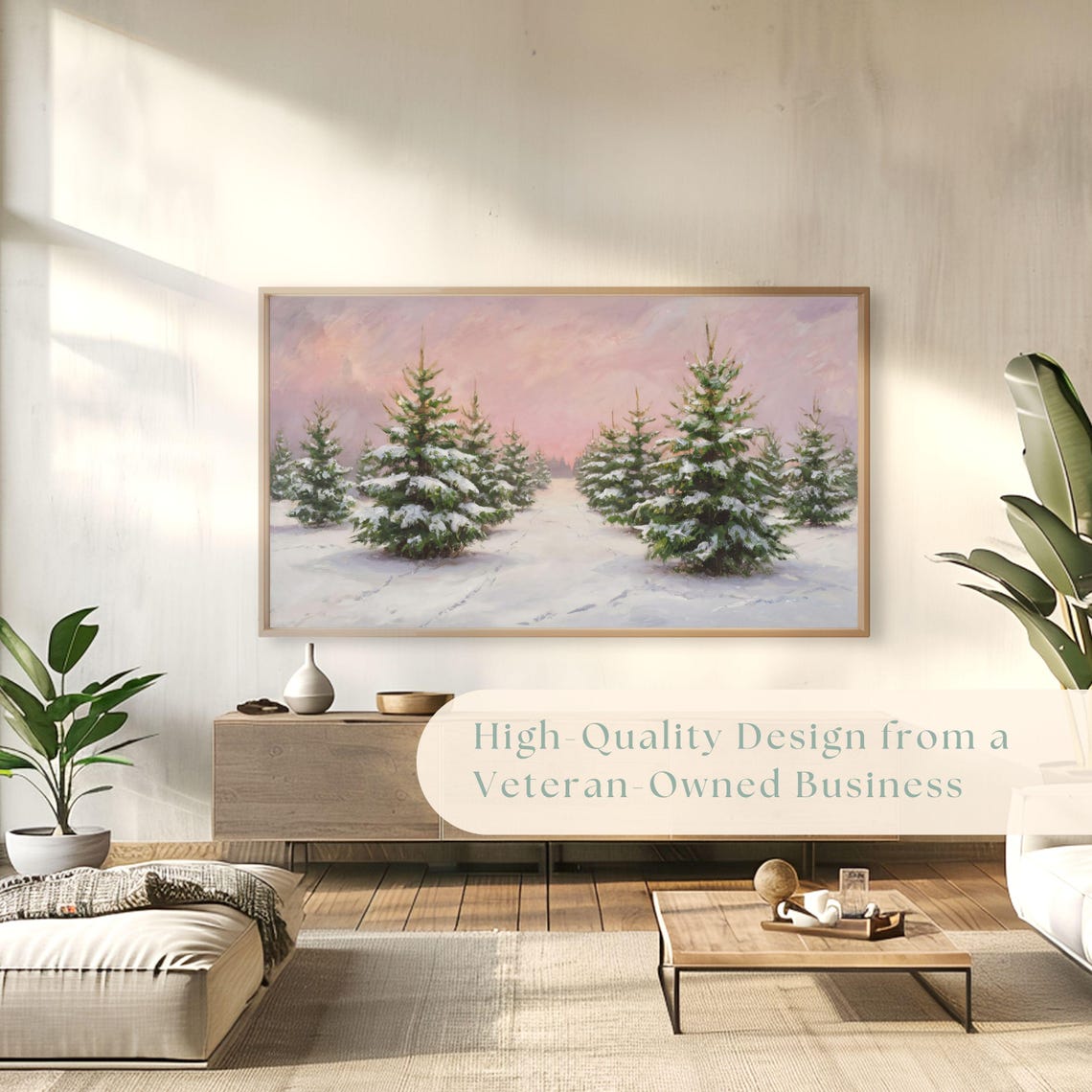 Snowy Christmas Tree Farm Rows Under Pink Sunset Winter Evening Poster - Image 4