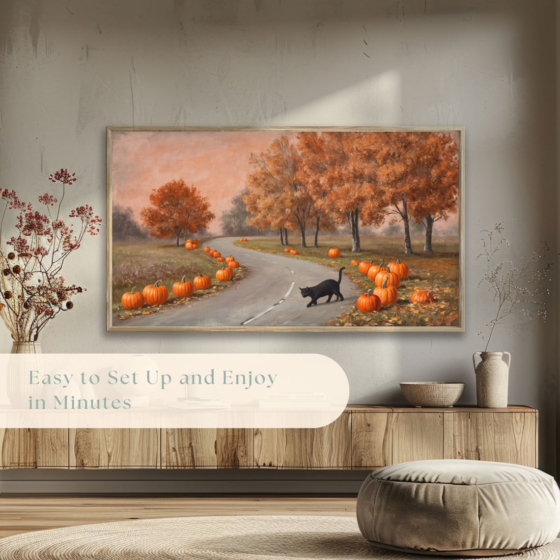 Pumpkin Patch Road with Black Cat Vintage Autumn Landscape Poster - Image 5