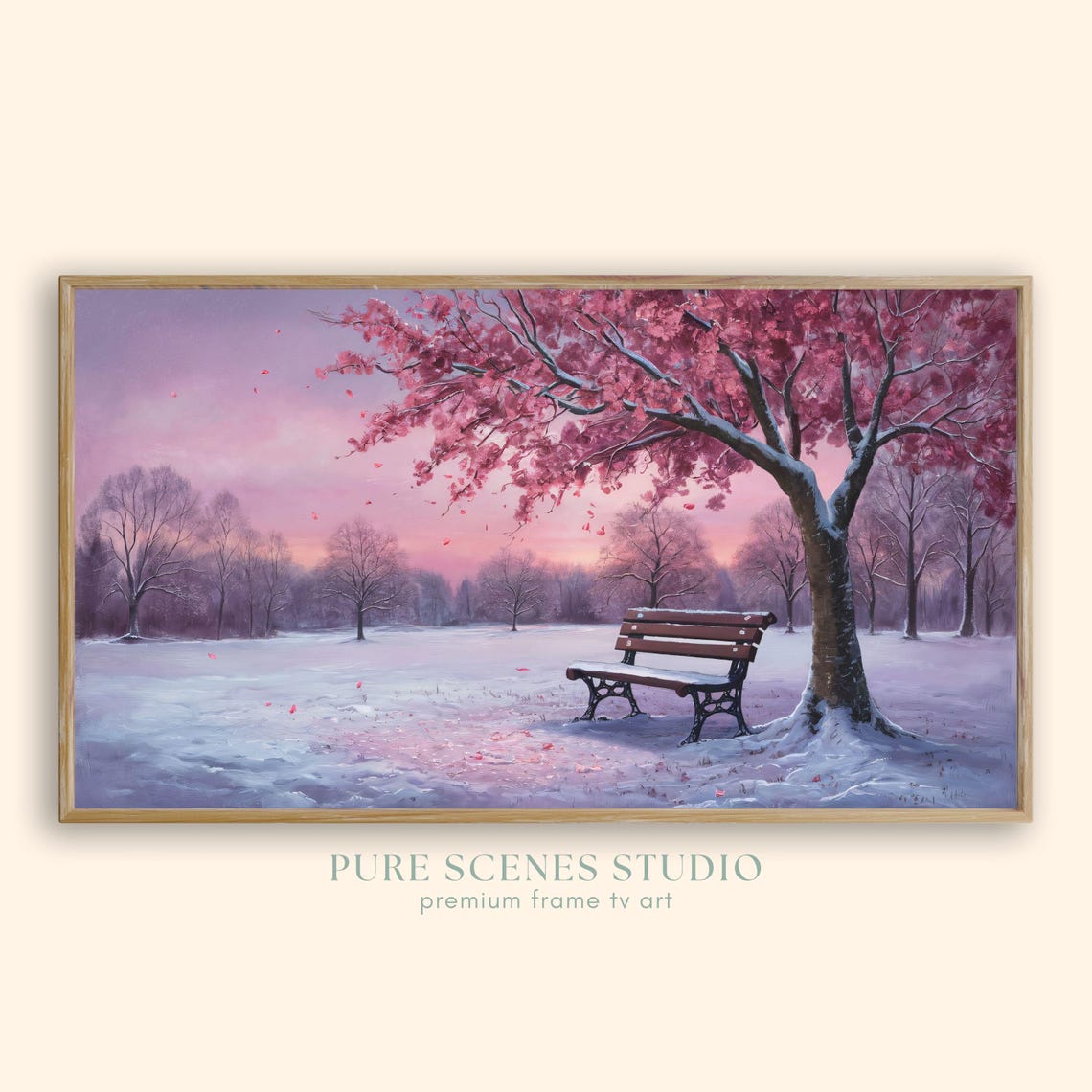 Snowy Park Bench Pink Blossom Tree Winter Dusk Painting Poster