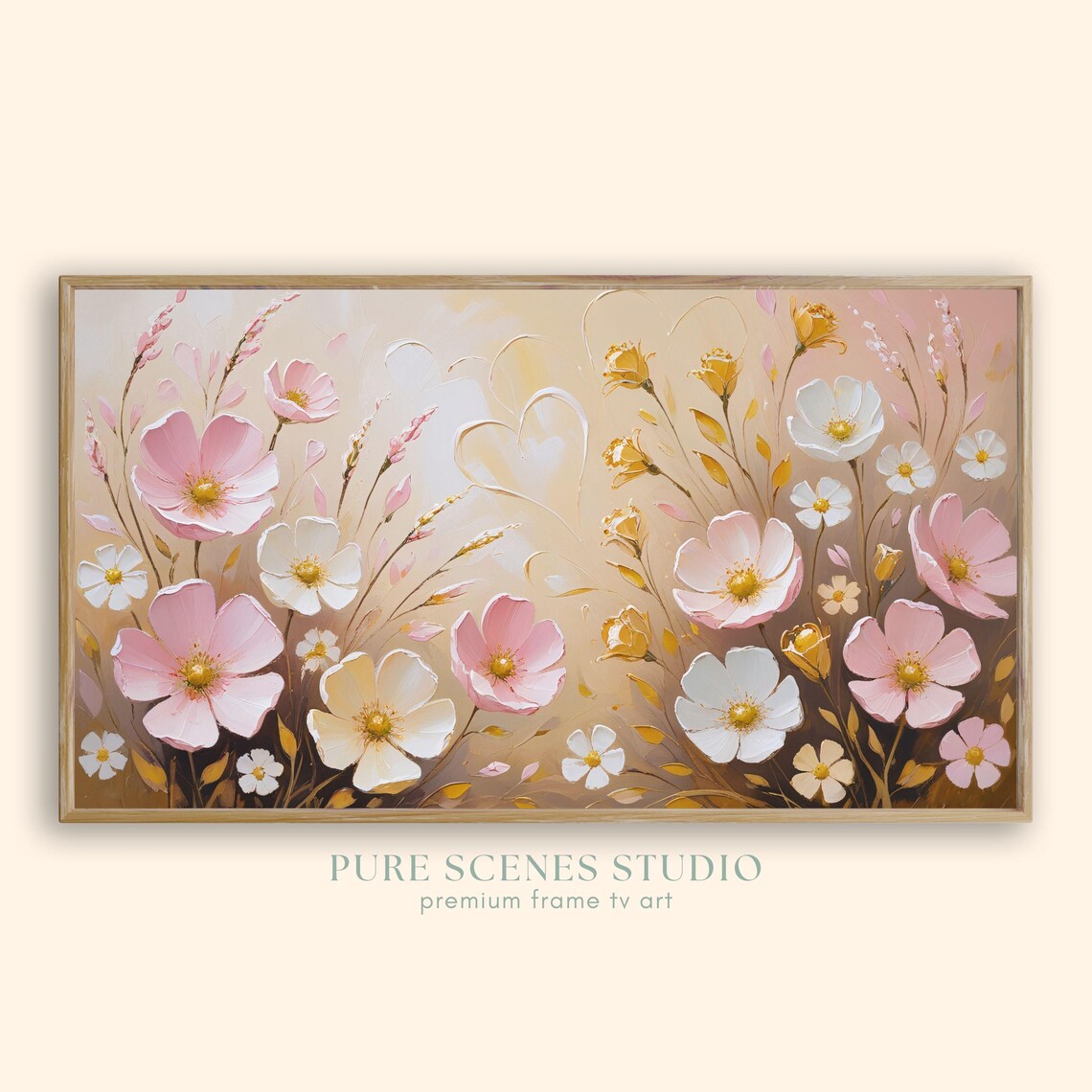 Pink White Cosmos Wildflowers Gold Heart Floral Painting Poster