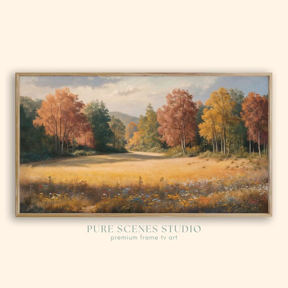 Golden Autumn Meadow Wildflowers Colorful Trees Landscape Poster
