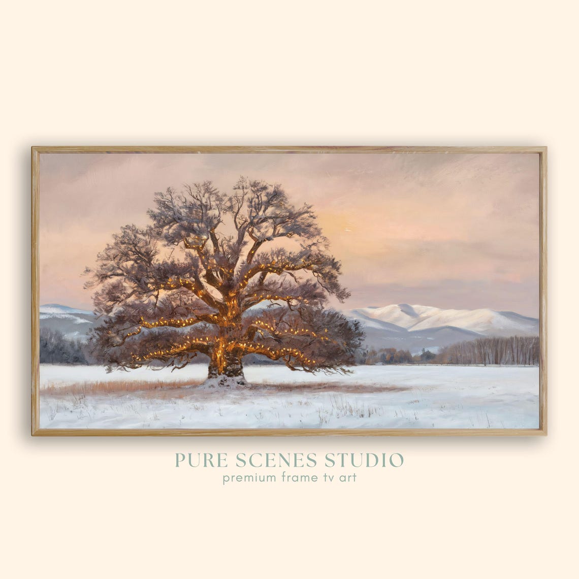 Frosty Oak String Lights Snowy Field Mountain Winter Dusk Poster