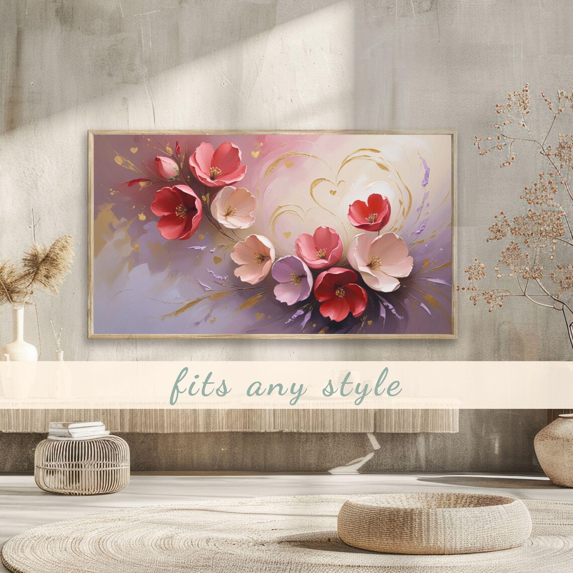 Pink Red Blossoms Gold Swirl Romantic Floral Painting Poster - Image 3