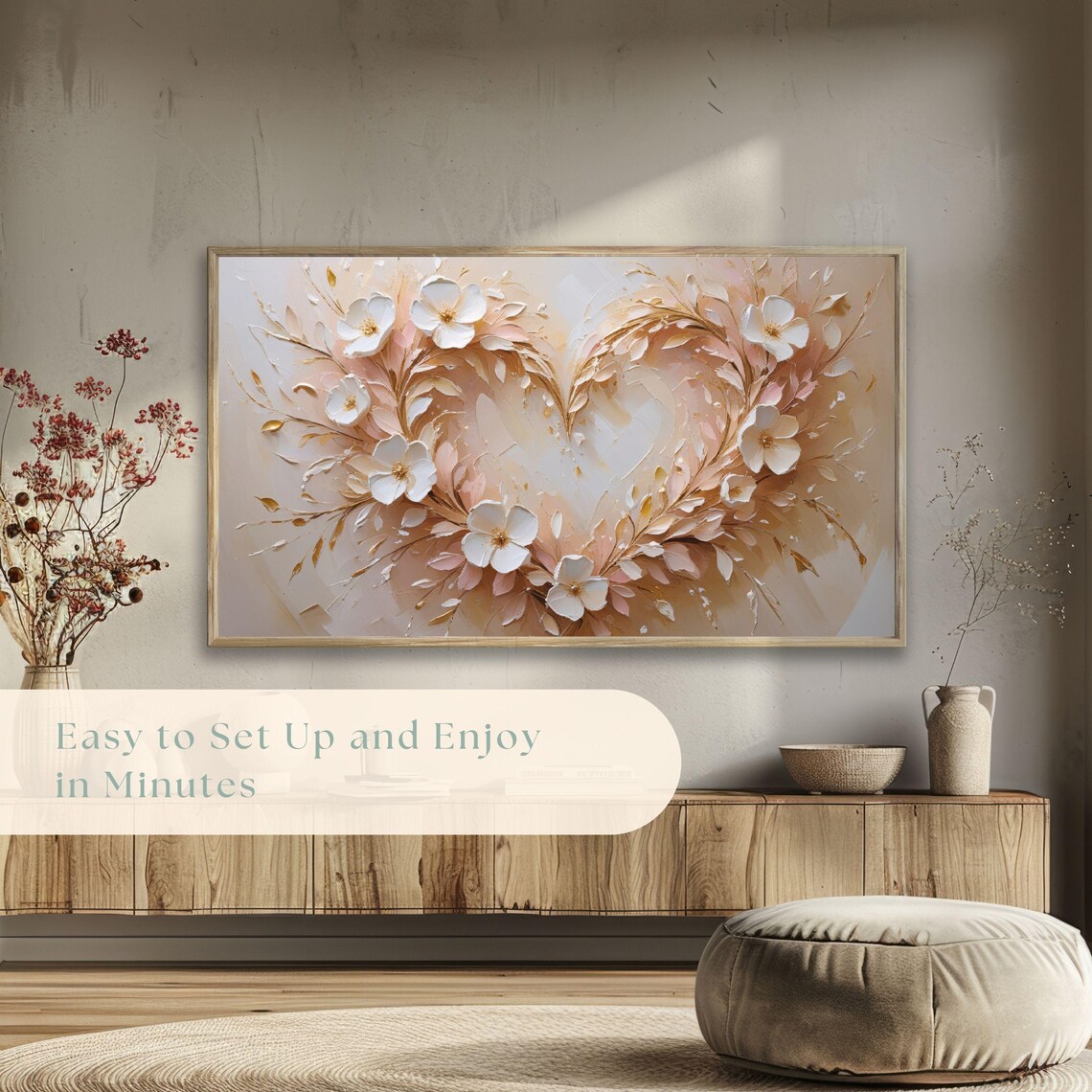 White Floral Heart Wreath Gold Impasto Romantic Painting Poster - Image 5