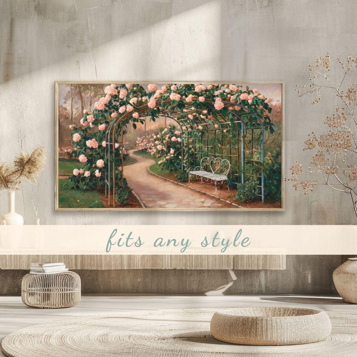 Pink Climbing Roses Garden Arch Bench Vintage Painting Poster - Image 3