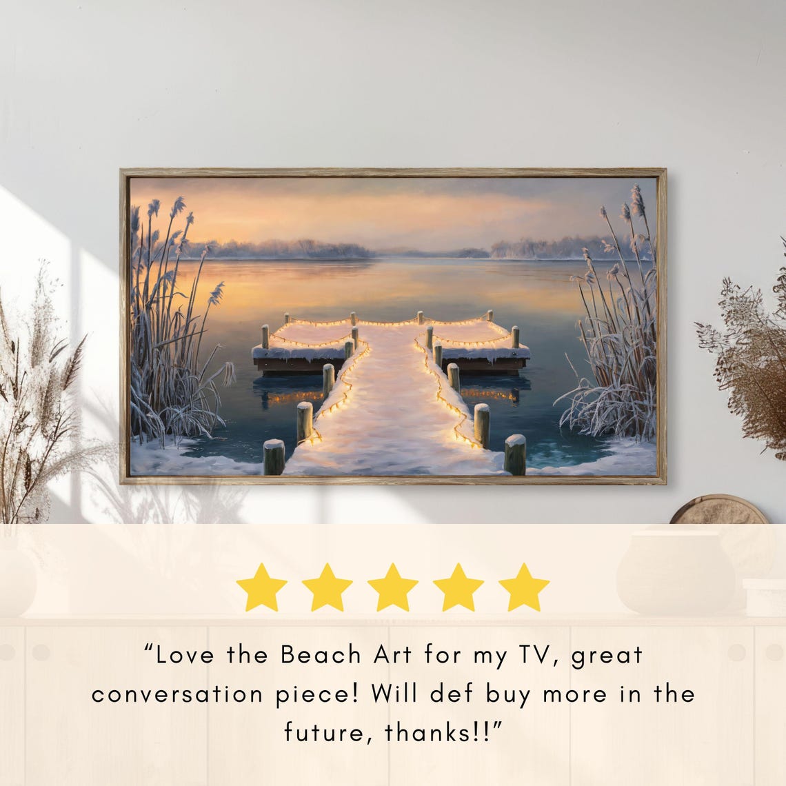 Snow Covered Dock String Lights Dawn Lake Winter Painting Poster - Image 2