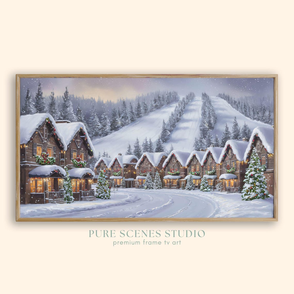 Ski Resort Village Glowing Christmas Chalets Snowy Slopes Scene Poster