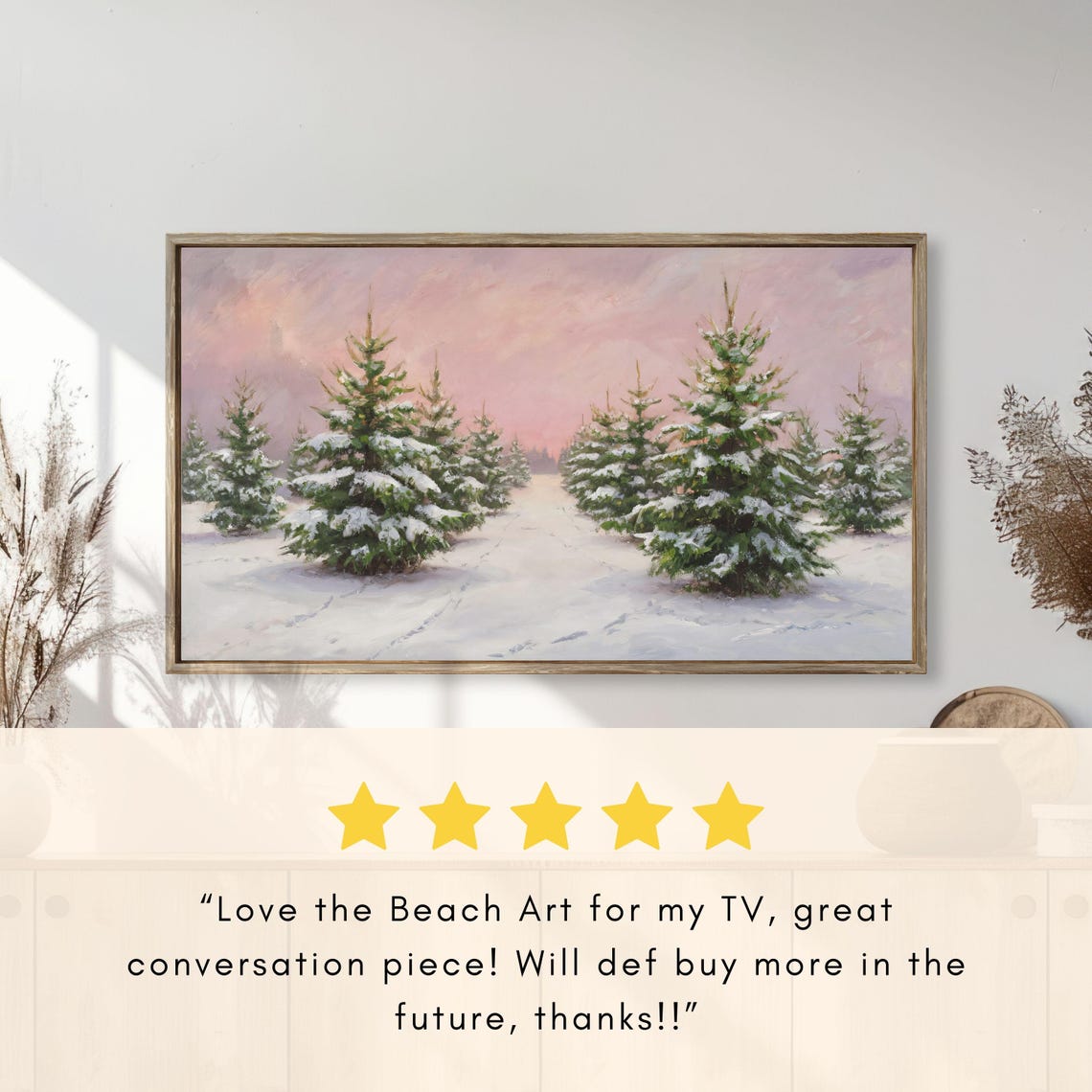 Snowy Christmas Tree Farm Rows Under Pink Sunset Winter Evening Poster - Image 2