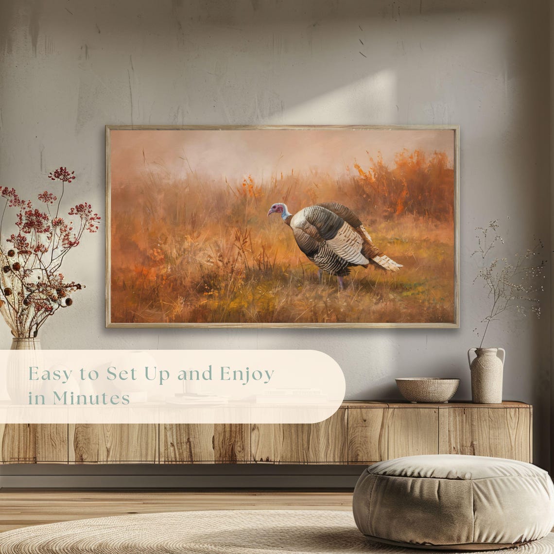 Wild Turkey Walking Through Misty Autumn Grass Field Scene Poster - Image 5
