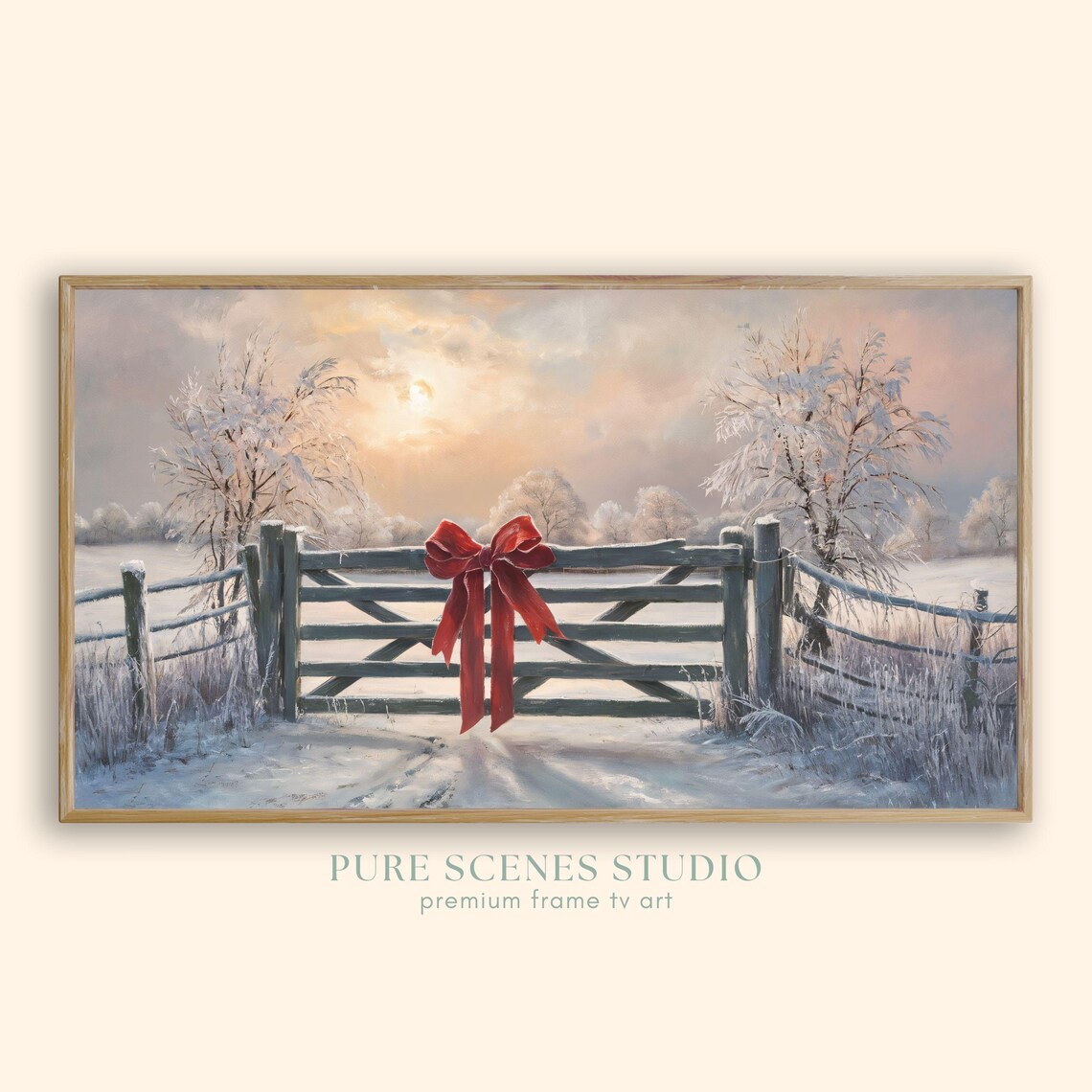 Rustic Wooden Farm Gate Giant Red Bow Snowy Sunrise Winter Poster