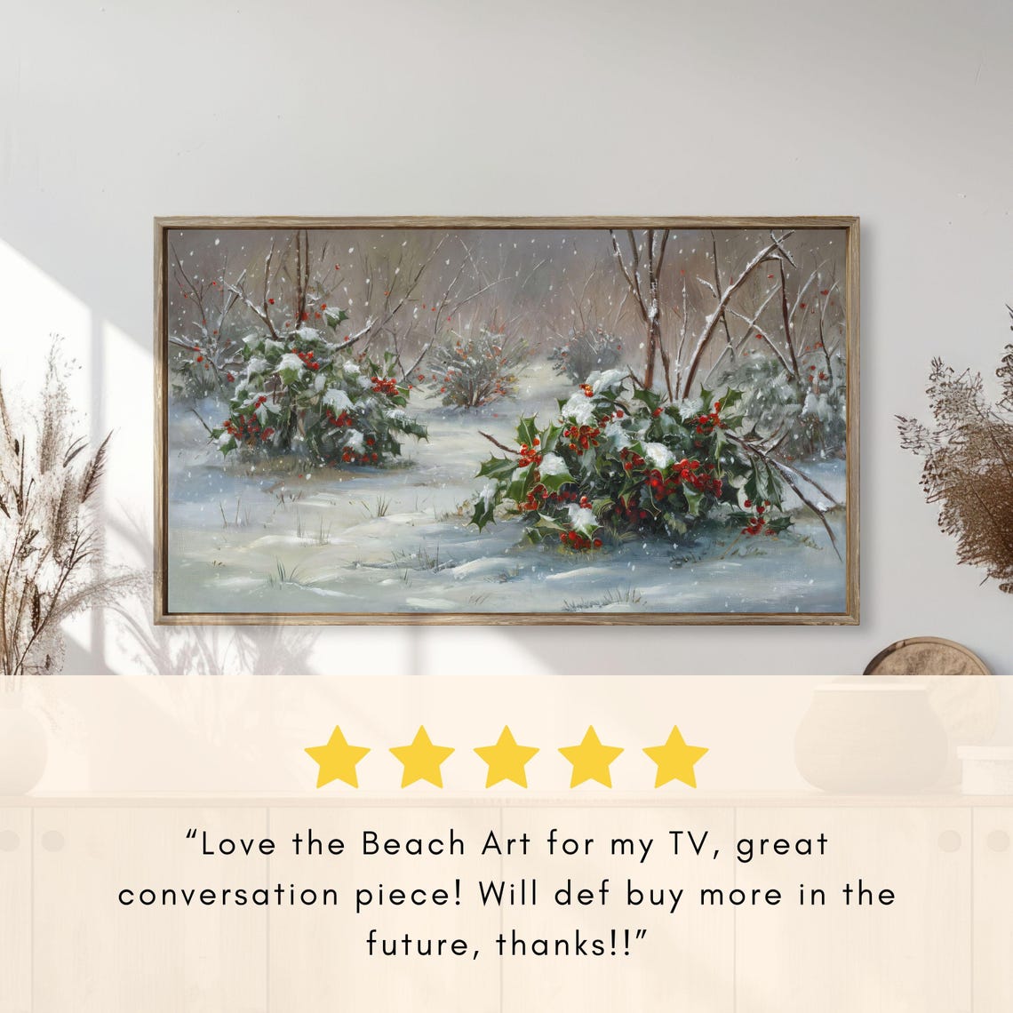 Snowy Holly Bushes Red Berries Falling Snow Winter Garden Scene Poster - Image 2