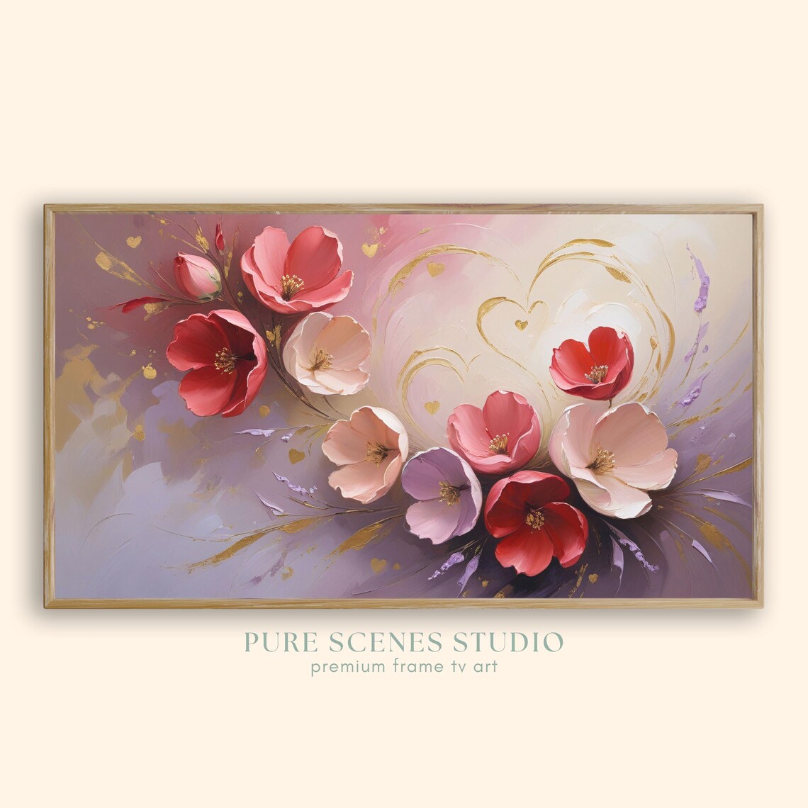 Pink Red Blossoms Gold Swirl Romantic Floral Painting Poster