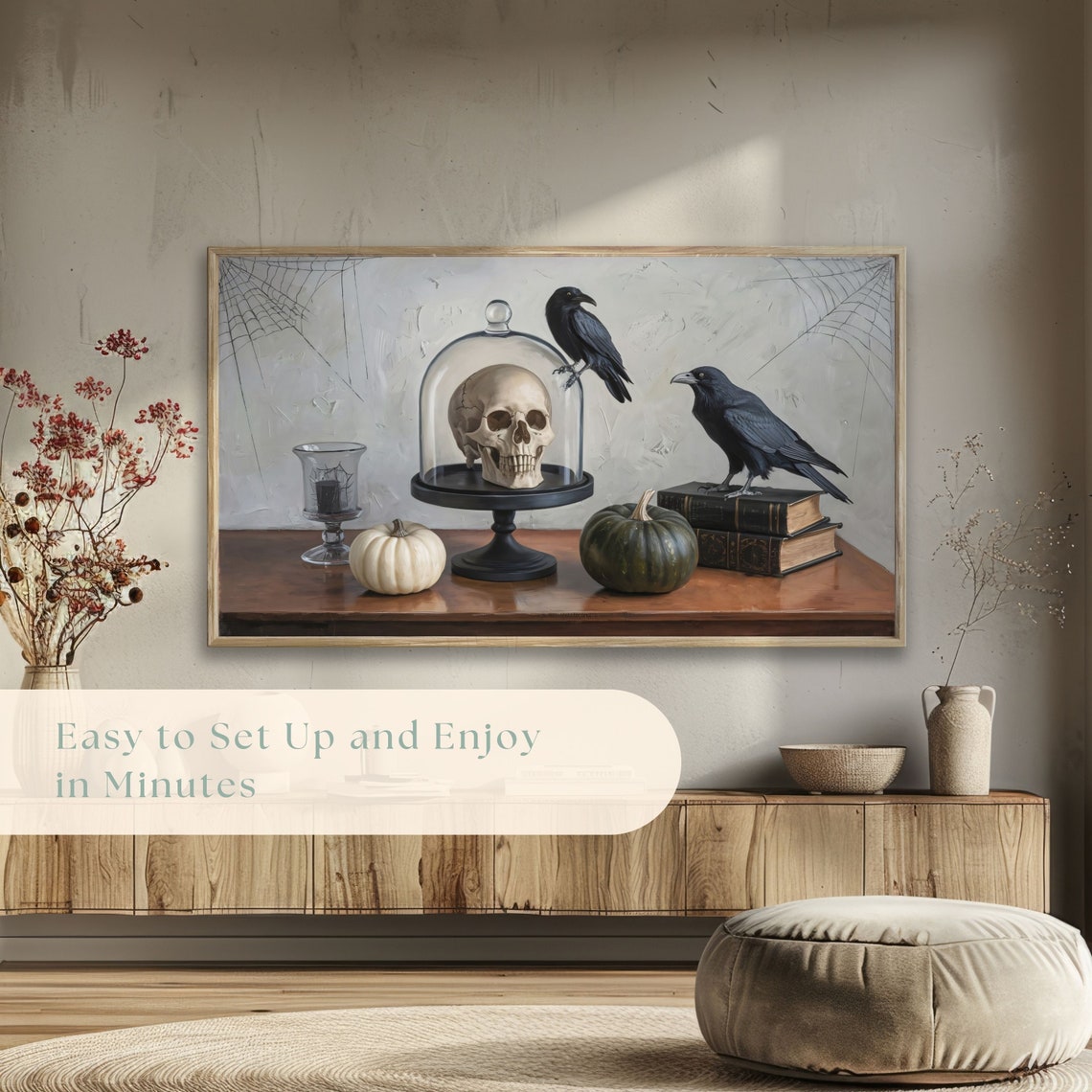 Eerie Halloween Still Life Skull Under Glass Crows and Books Poster - Image 5