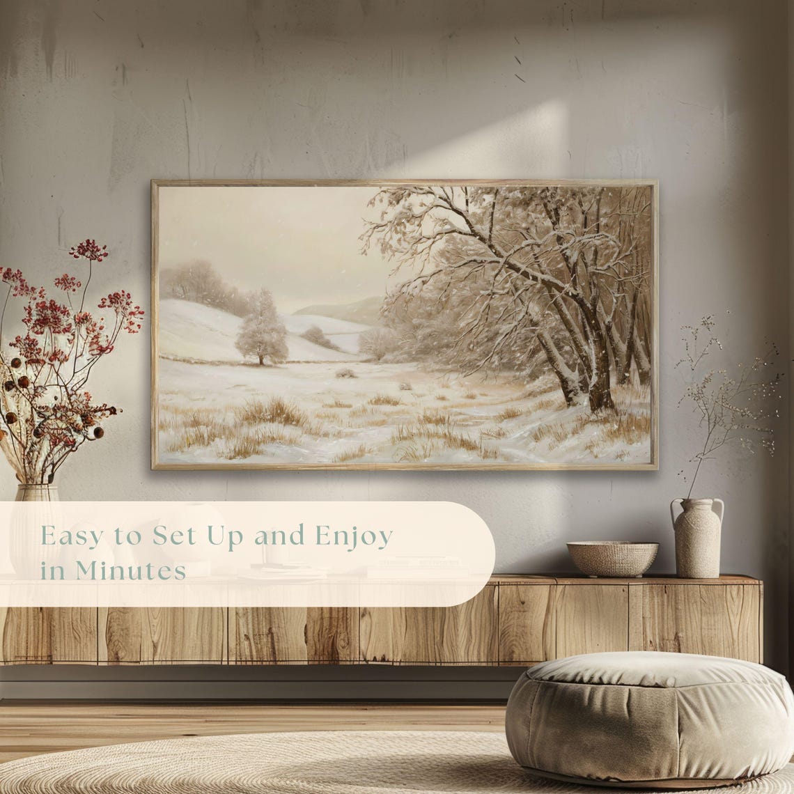 Peaceful Snowy Valley Bare Trees Gentle Snowfall Neutral Tones Poster - Image 5