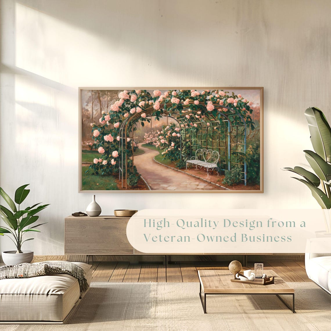 Pink Climbing Roses Garden Arch Bench Vintage Painting Poster - Image 4