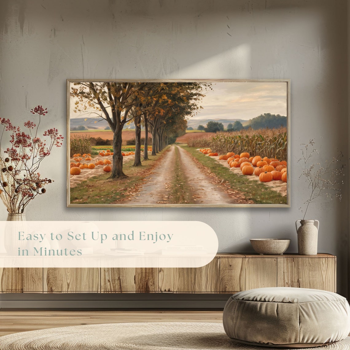 Rural Autumn Road with Pumpkins Cornfields and Golden Trees Poster - Image 5
