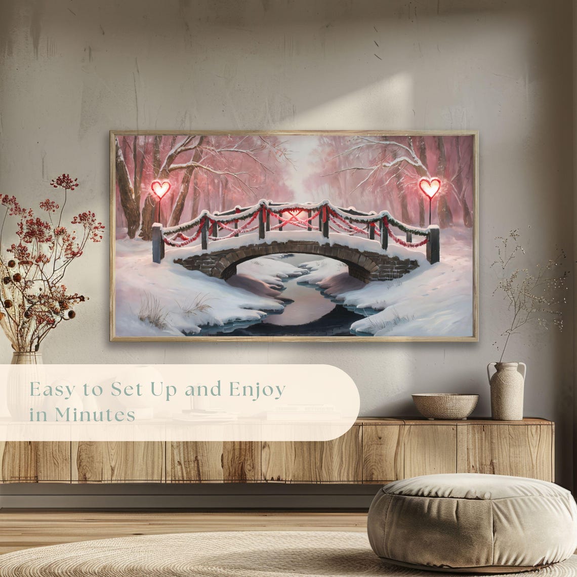 Snowy Stone Bridge Heart Lights Romantic Winter Painting Poster - Image 5