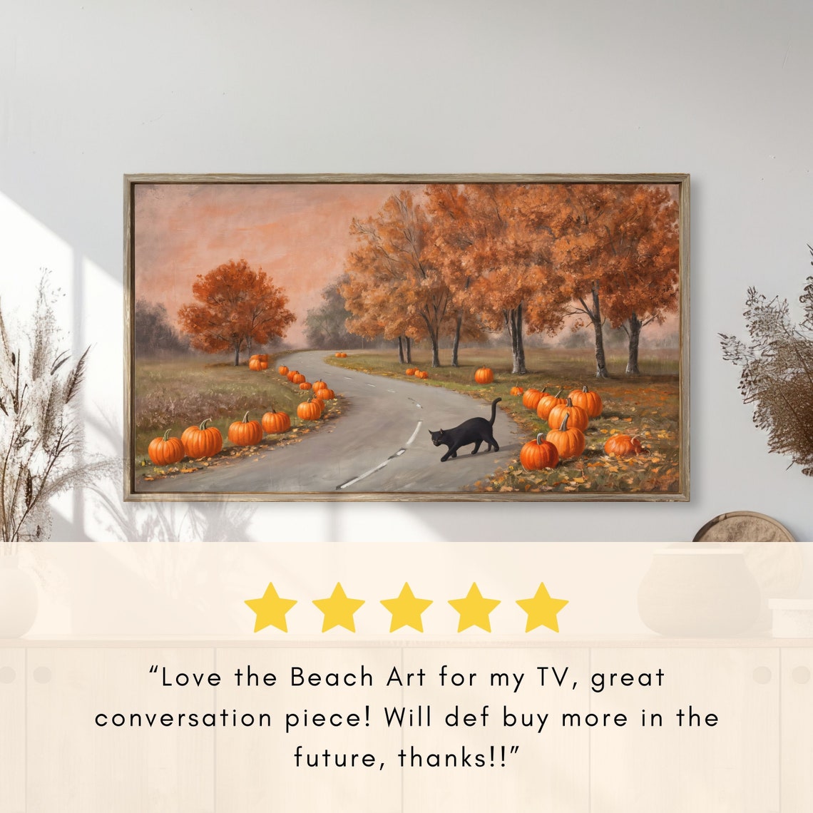 Pumpkin Patch Road with Black Cat Vintage Autumn Landscape Poster - Image 2