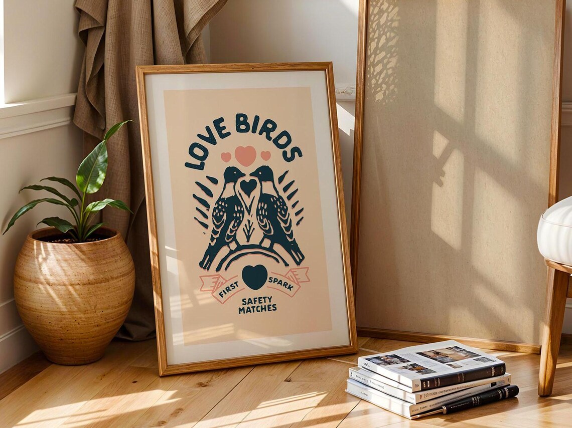 Retro Valentines Day Love Birds Art Print - Image 4