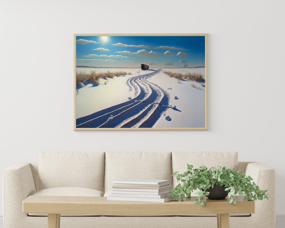 Bright Blue Sky Snowy Railway Curves Winter Train Track Poster - Image 3