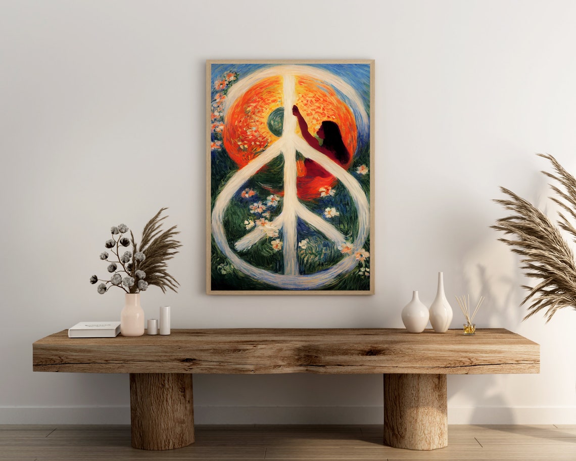 Hippie Peace Sign Woman Reaching Toward Sun Floral Retro Art Poster - Image 3