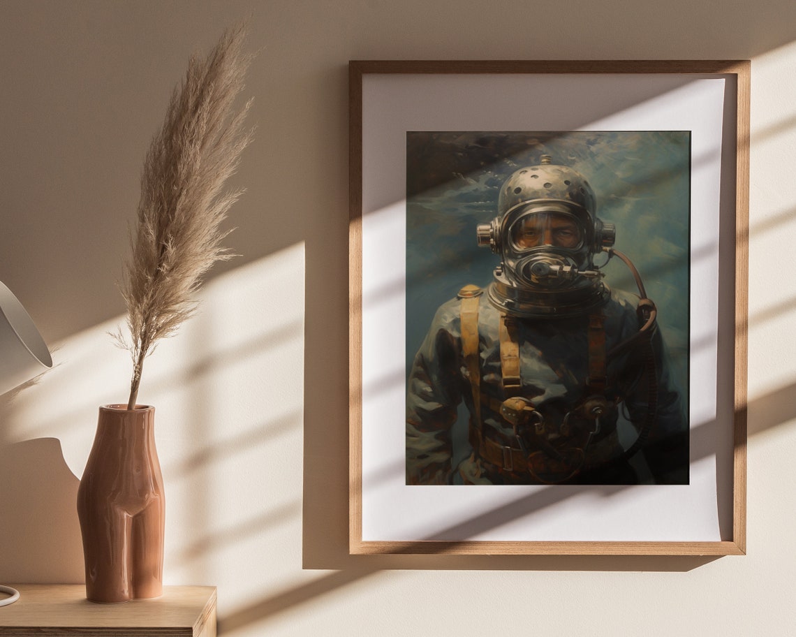 Antique Deep Sea Diver Copper Helmet Portrait Painting Poster - Image 4