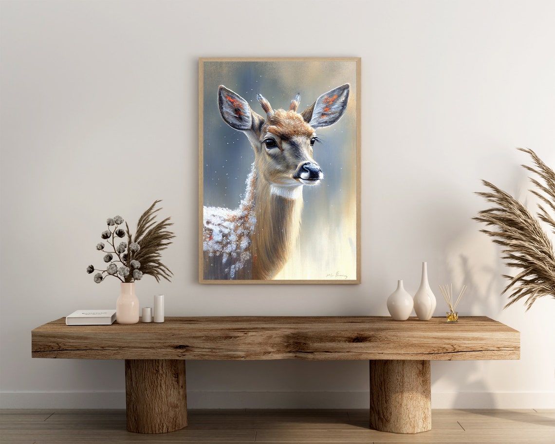 Whitetail Deer Portrait in Soft Falling Snow Winter Painting Poster - Image 3