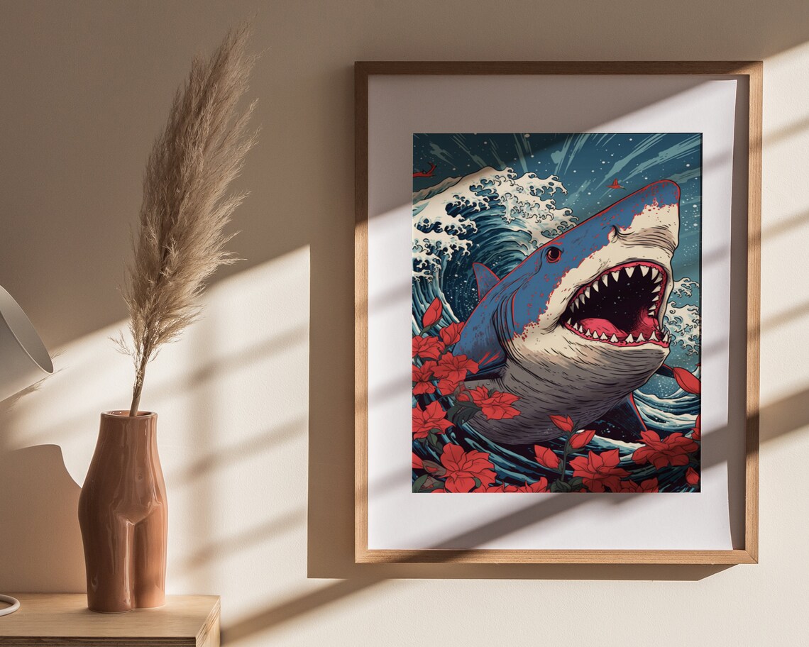 Great White Shark With Wave And Flowers Japanese Pop Art Poster - Image 4
